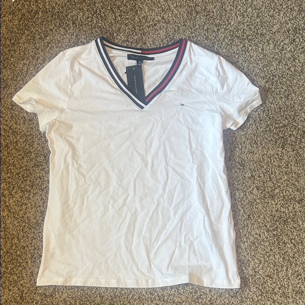 Tommy Hilfiger Women's White Tee with Striped V-Neck